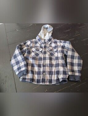 Toughskins Hooded Navy Blue Grey Flannel Shirt Jacket Shacket M (5/6) Gorpcore